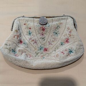 Vintage Beaded and Embroidered Floral Cream Clutch